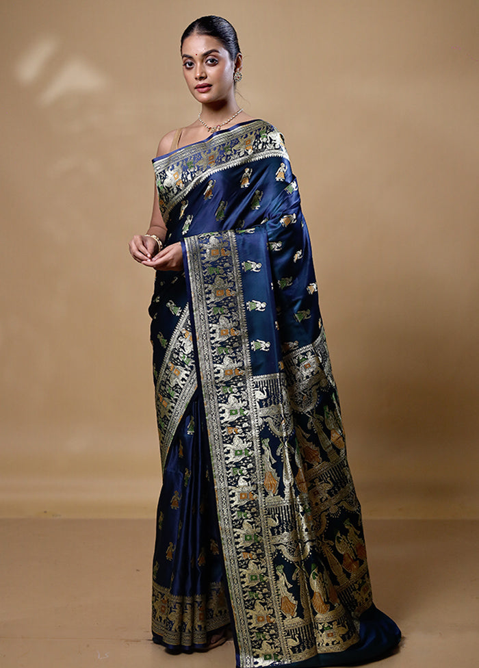 Blue Handloom Banarasi Pure Silk Saree With Blouse Piece