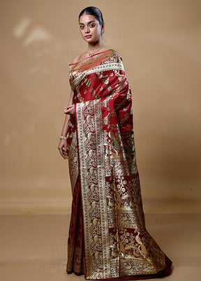 Maroon Handloom Banarasi Pure Silk Saree With Blouse Piece