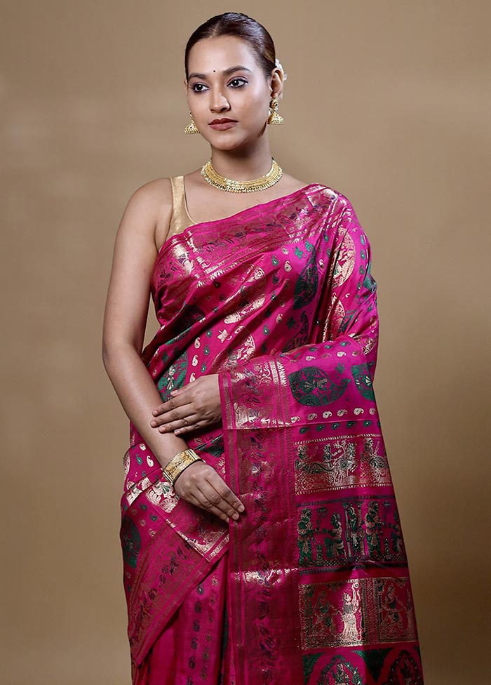 Pink Handloom Baluchari Pure Silk Saree With Blouse Piece