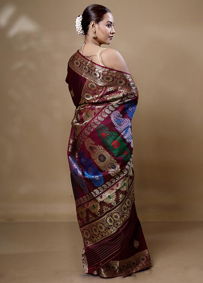 Maroon Handloom Baluchari Pure Silk Saree With Blouse Piece