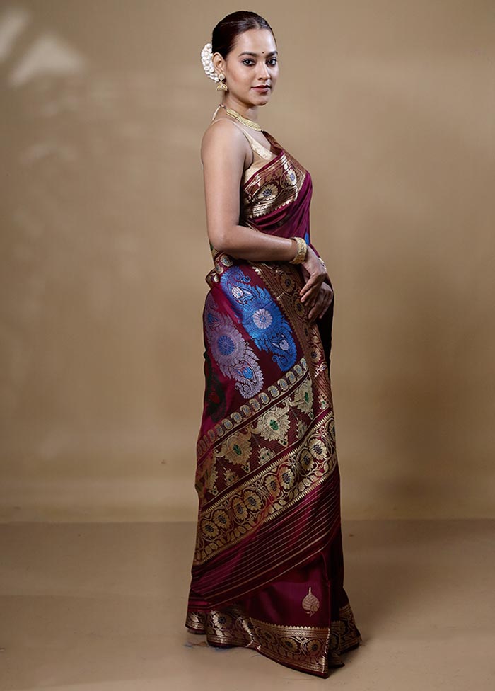 Maroon Handloom Baluchari Pure Silk Saree With Blouse Piece