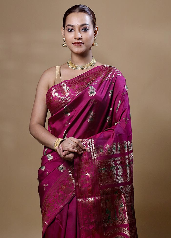 Pink Handloom Baluchari Pure Silk Saree With Blouse Piece