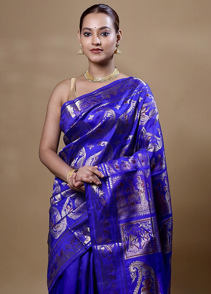 Blue Handloom Baluchari Pure Silk Saree With Blouse Piece