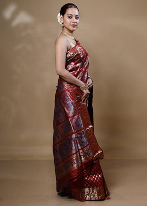 Rust Handloom Baluchari Pure Silk Saree With Blouse Piece