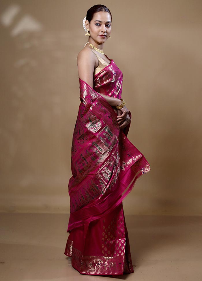 Pink Handloom Baluchari Pure Silk Saree With Blouse Piece