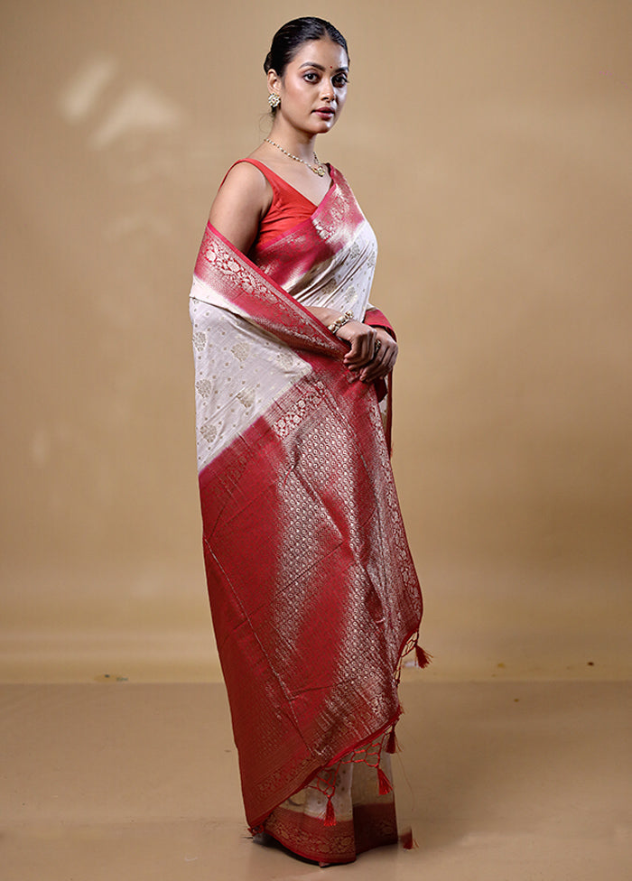 White Dupion Silk Saree With Blouse Piece