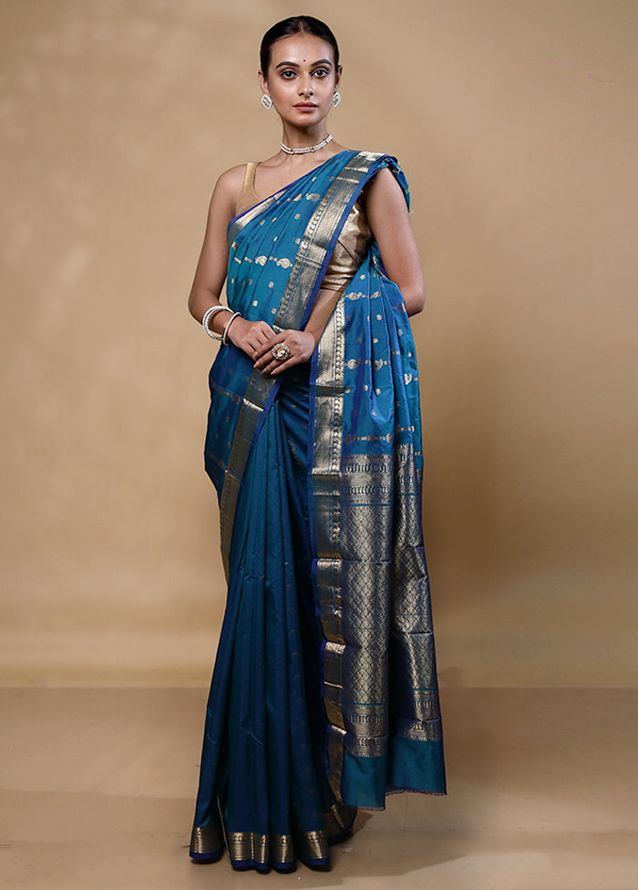 Blue Kanjivaram Silk Saree With Blouse Piece