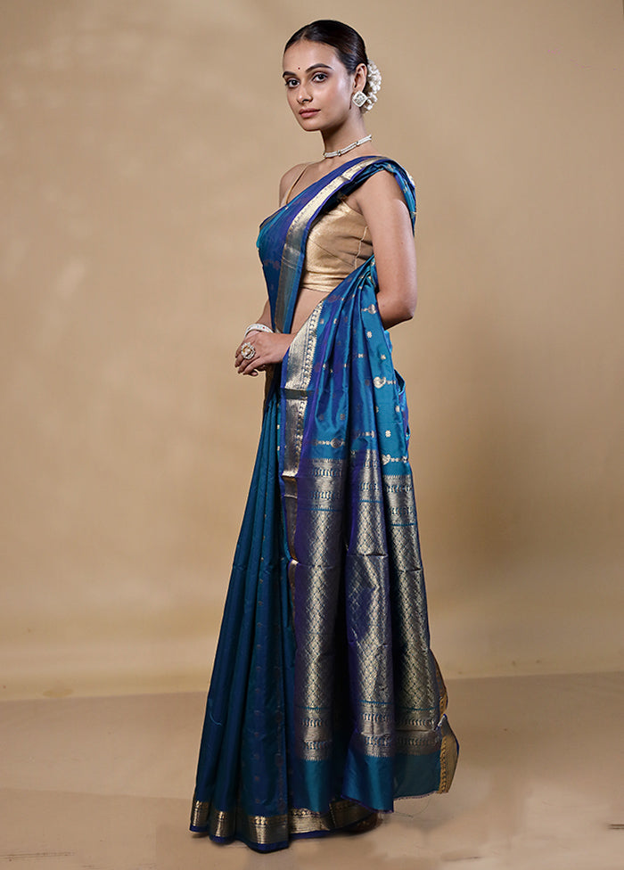 Blue Kanjivaram Silk Saree With Blouse Piece