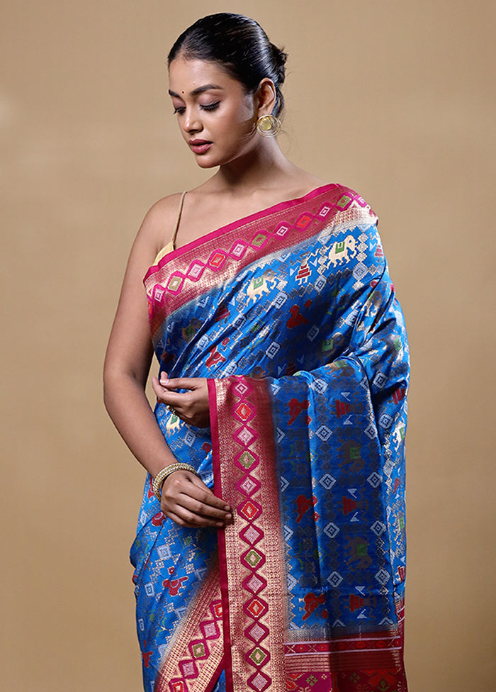 Blue Dupion Silk Saree With Blouse Piece