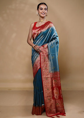 Blue Dupion Silk Saree With Blouse Piece