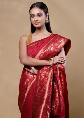 Maroon Dupion Silk Saree With Blouse Piece