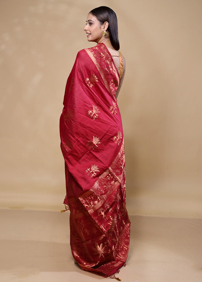 Maroon Dupion Silk Saree With Blouse Piece