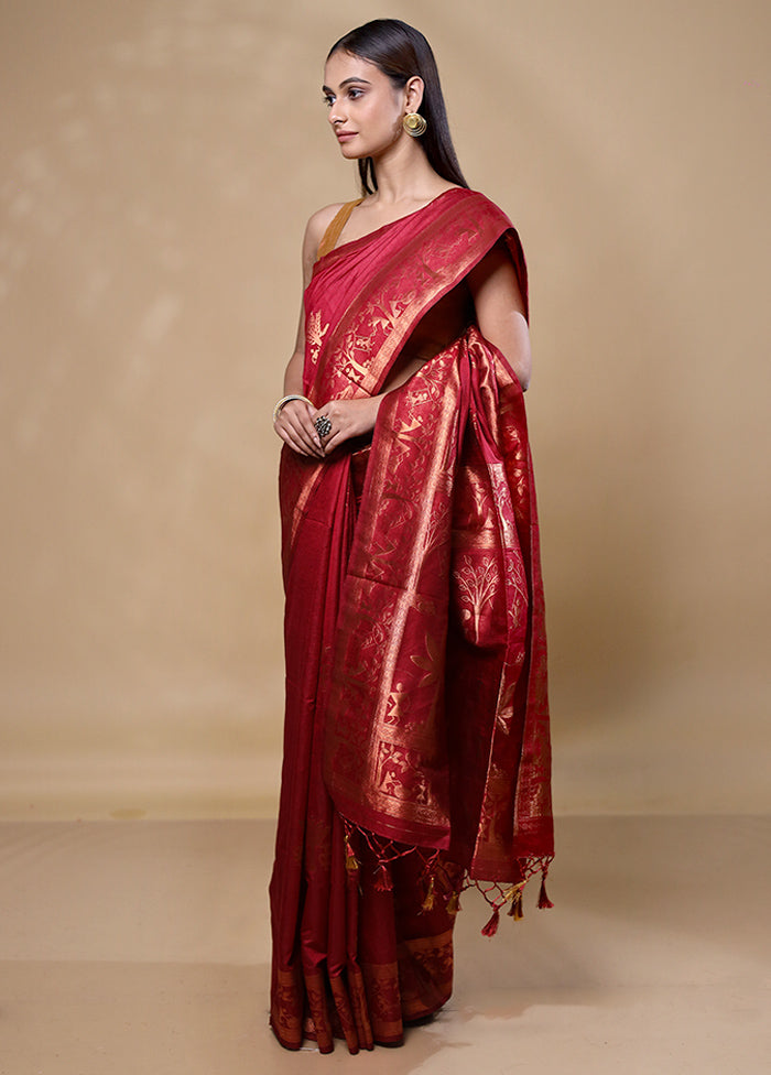 Maroon Dupion Silk Saree With Blouse Piece