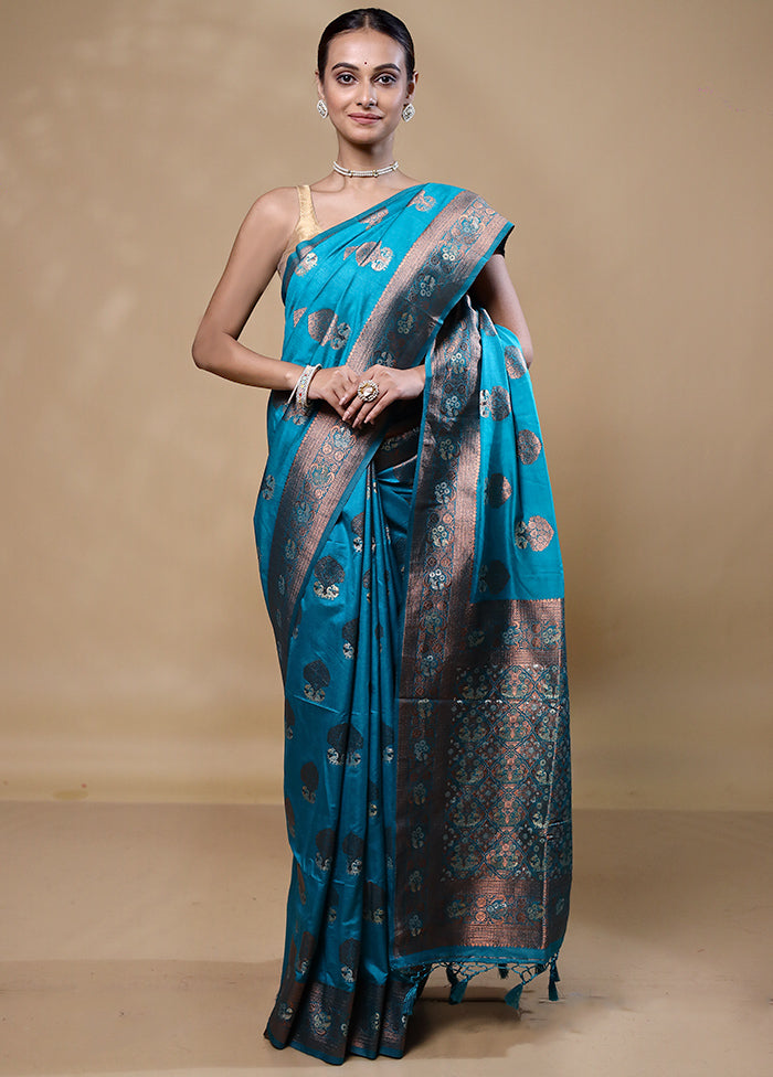 Blue Dupion Silk Saree With Blouse Piece