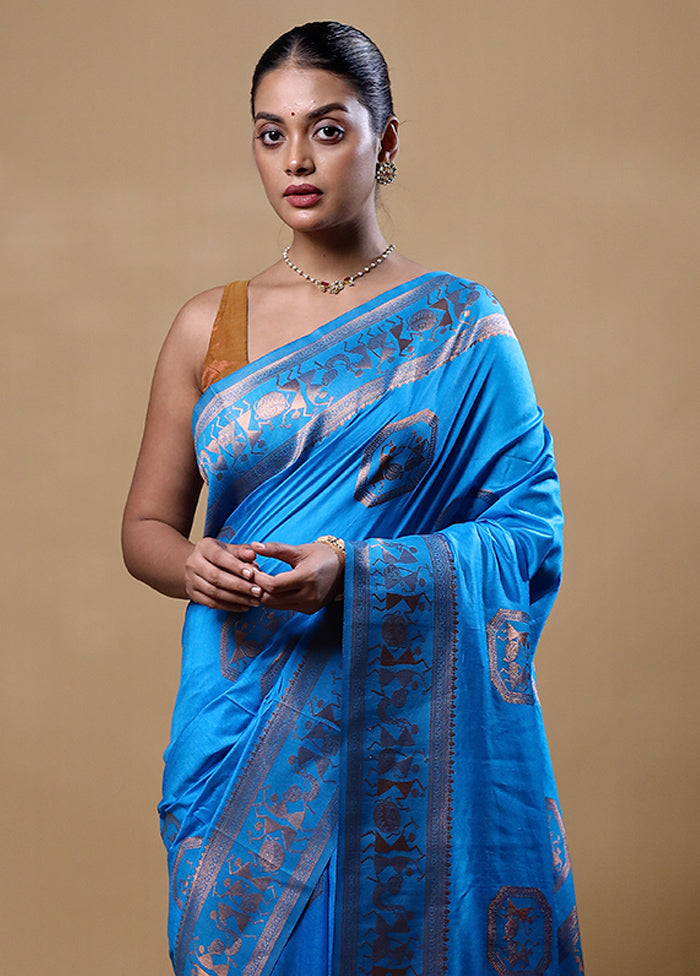 Blue Dupion Silk Saree With Blouse Piece