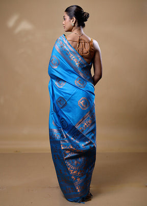 Blue Dupion Silk Saree With Blouse Piece