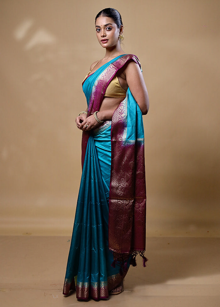 Blue Dupion Silk Saree With Blouse Piece