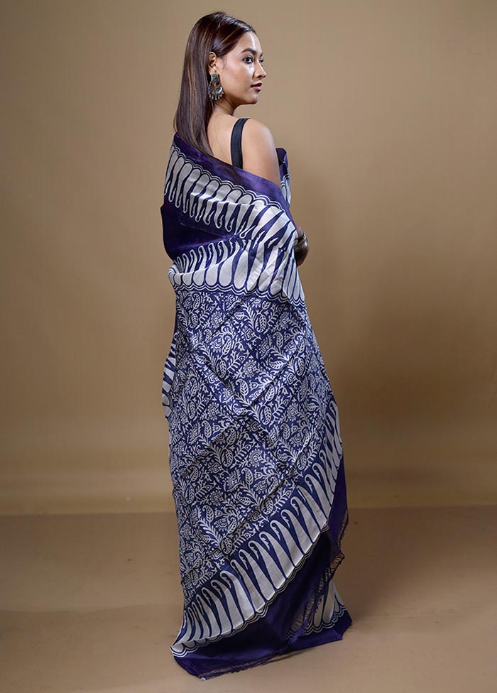 Blue Printed Pure Silk Saree Without Blouse Piece