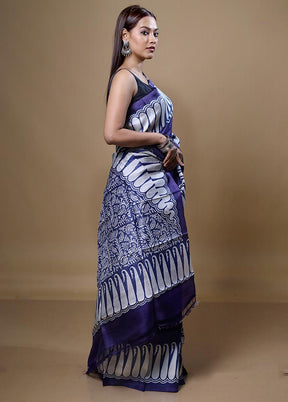 Blue Printed Pure Silk Saree Without Blouse Piece