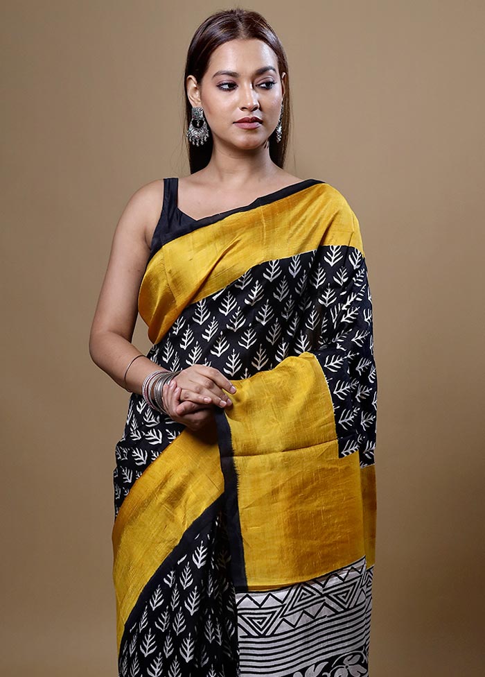 Black Printed Pure Silk Saree Without Blouse Piece