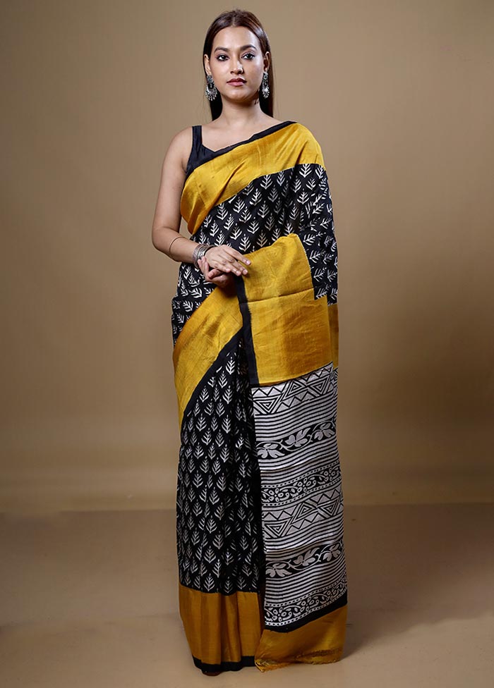 Black Printed Pure Silk Saree Without Blouse Piece