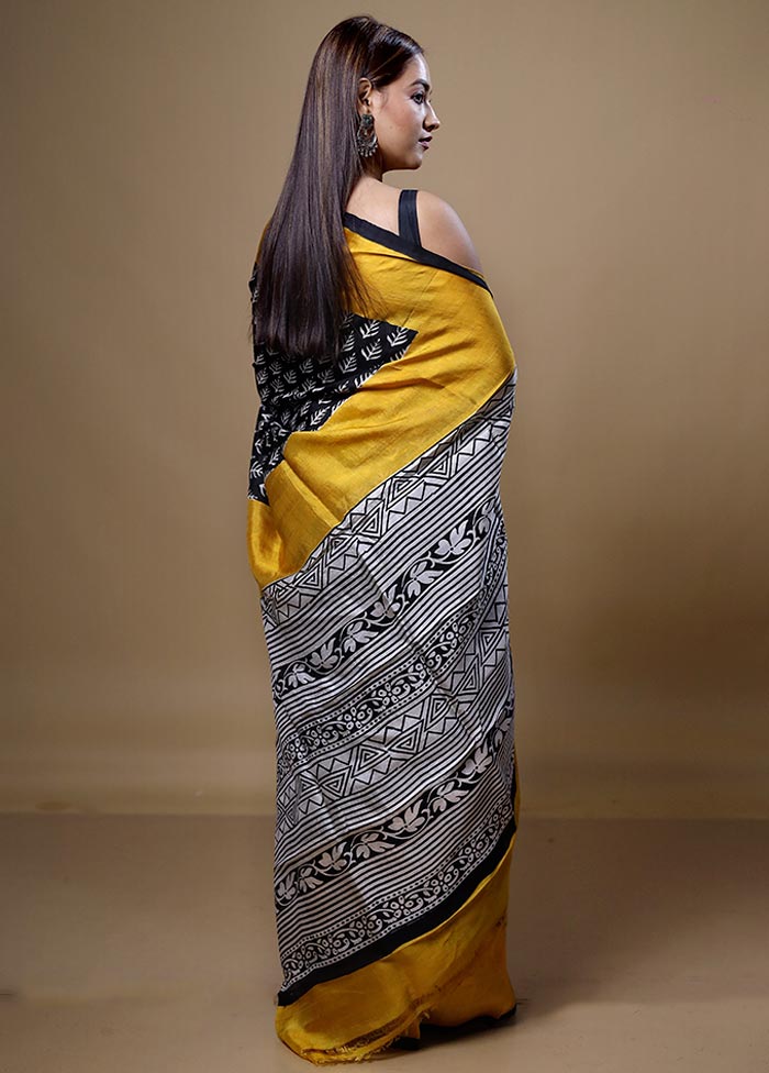 Black Printed Pure Silk Saree Without Blouse Piece