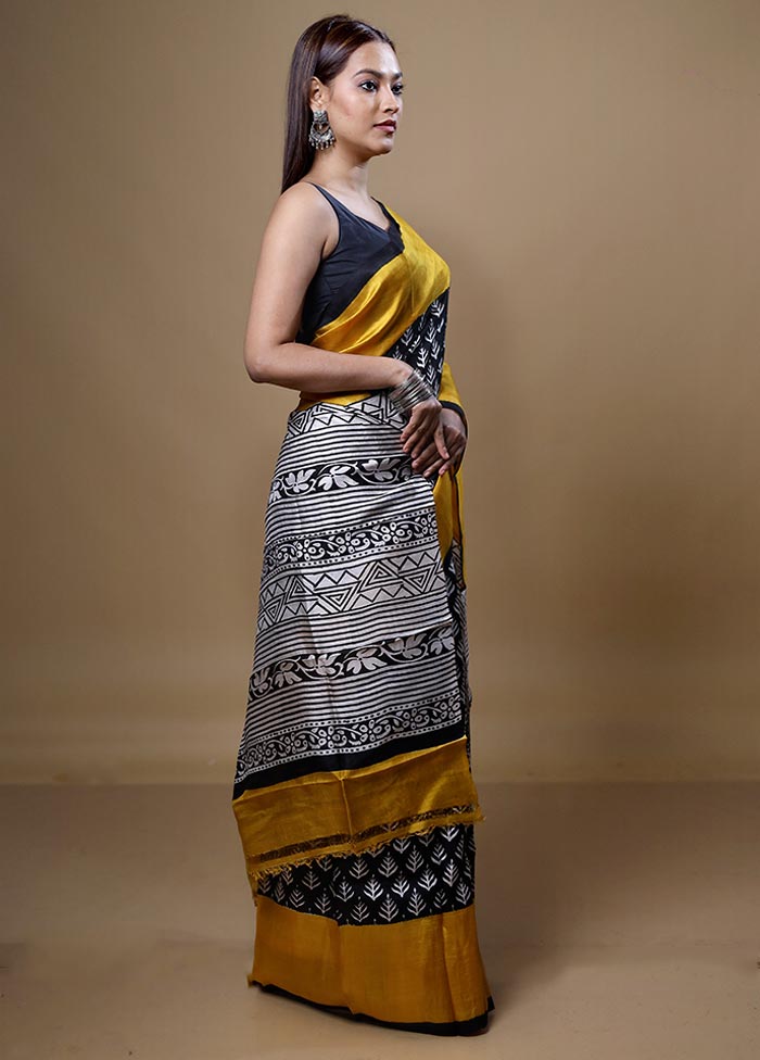 Black Printed Pure Silk Saree Without Blouse Piece