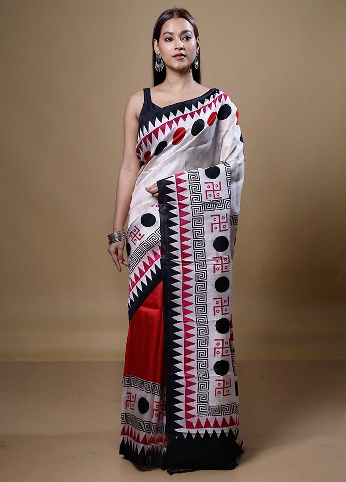 White Printed Pure Silk Saree Without Blouse Piece