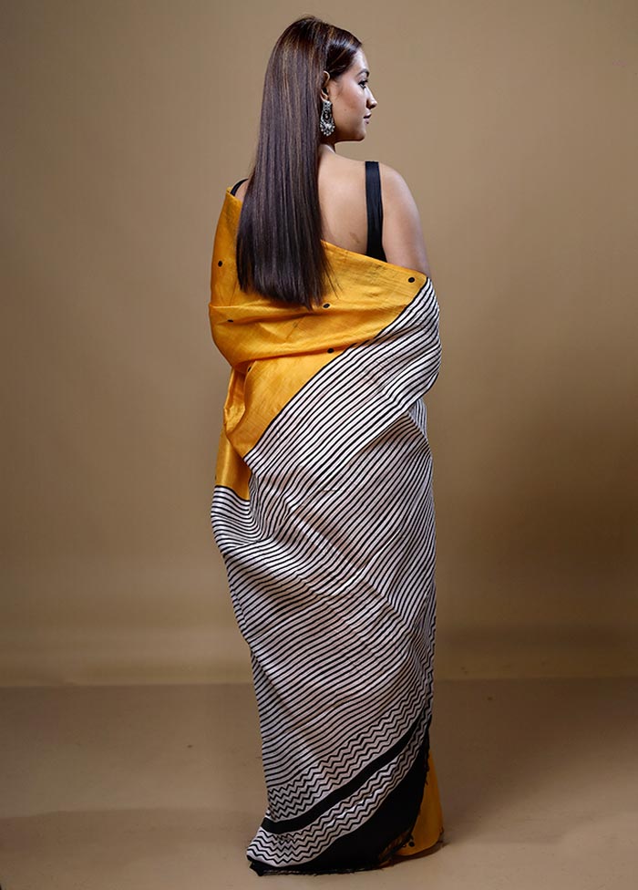 Yellow Printed Pure Silk Saree Without Blouse Piece