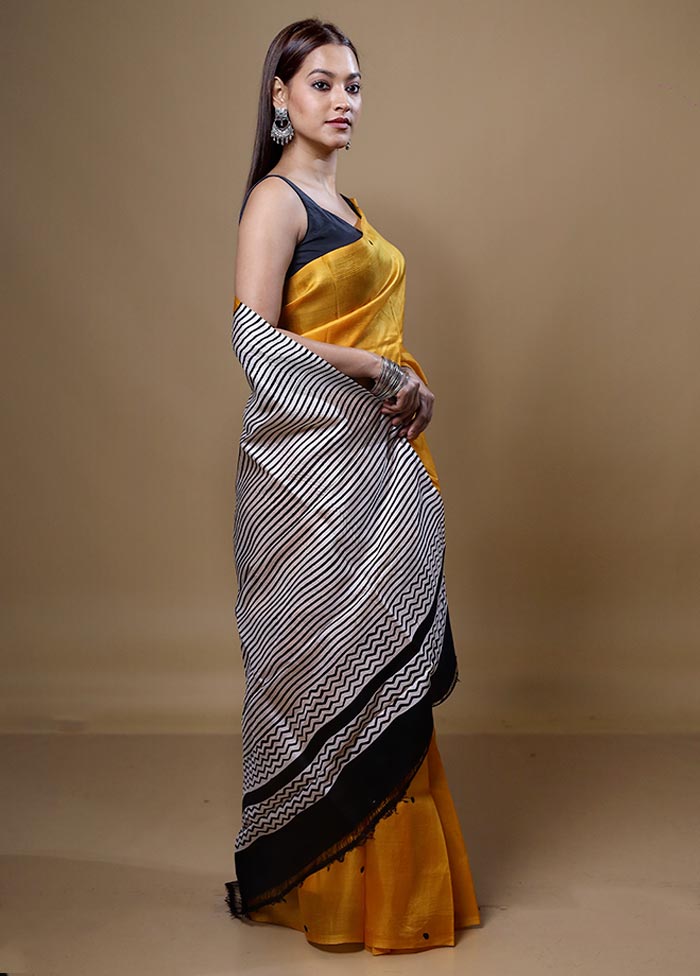 Yellow Printed Pure Silk Saree Without Blouse Piece