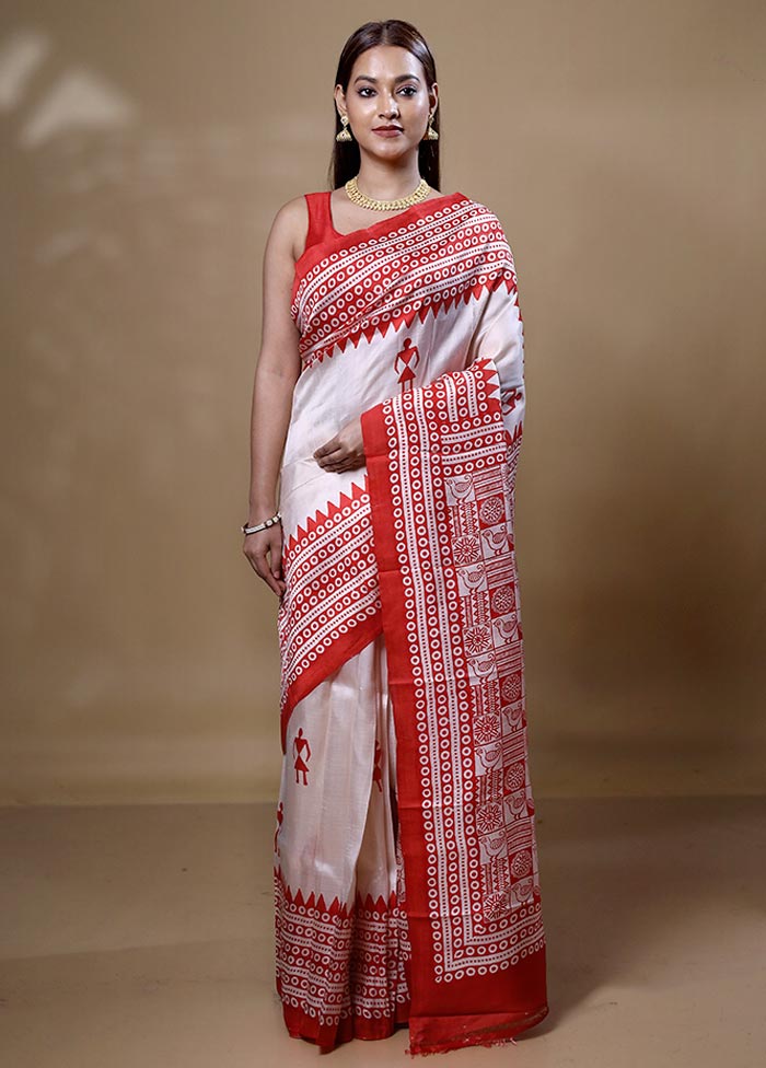 Red Printed Pure Silk Saree Without Blouse Piece