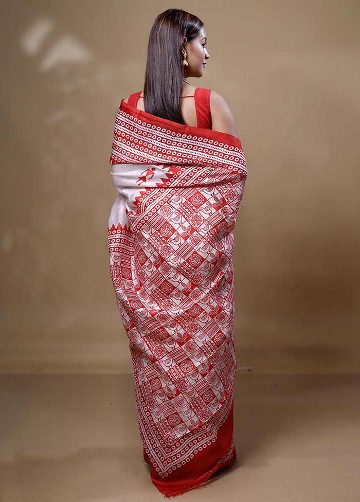 Red Printed Pure Silk Saree Without Blouse Piece