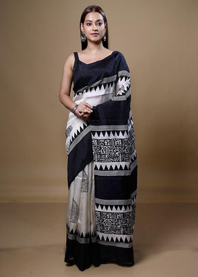 Black Printed Pure Silk Saree Without Blouse Piece