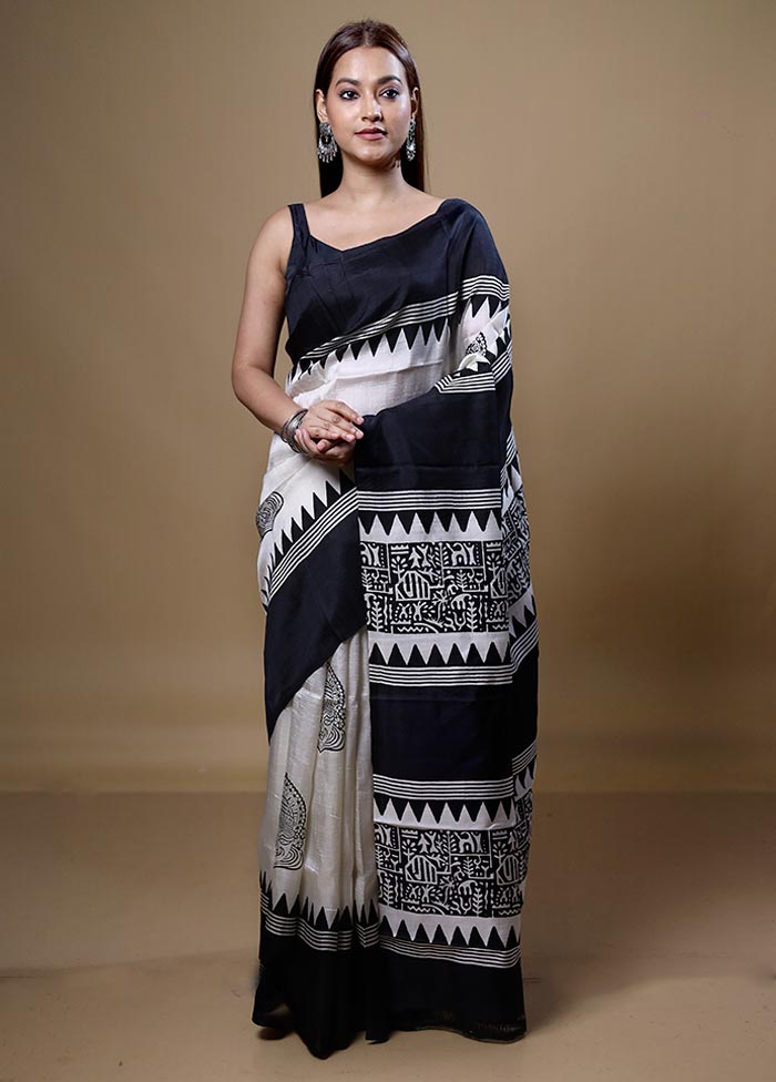 Black Printed Pure Silk Saree Without Blouse Piece