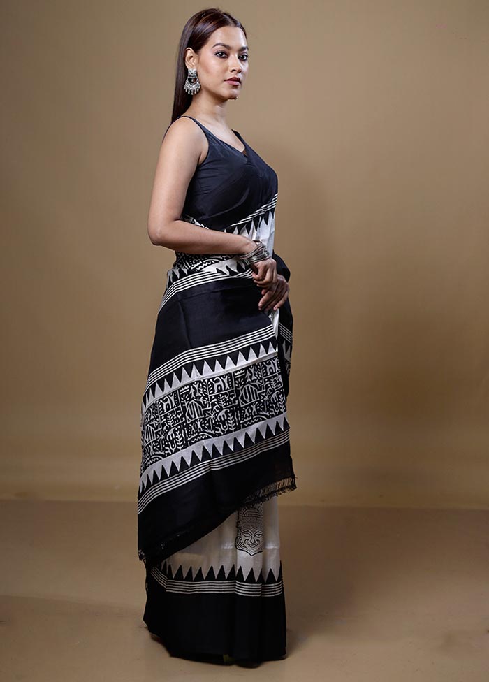 Black Printed Pure Silk Saree Without Blouse Piece