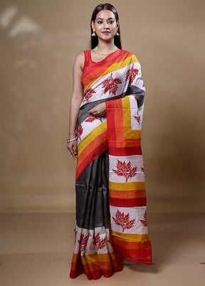 Orange Printed Pure Silk Saree Without Blouse Piece