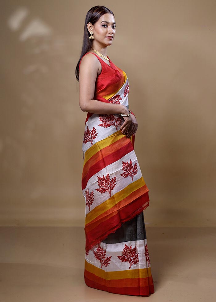 Orange Printed Pure Silk Saree Without Blouse Piece