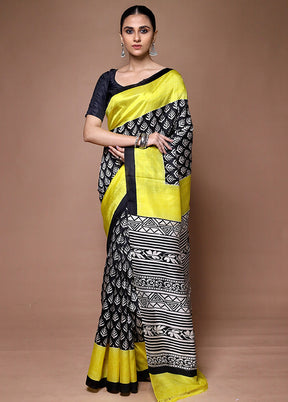 Yellow Printed Pure Silk Saree Without Blouse Piece