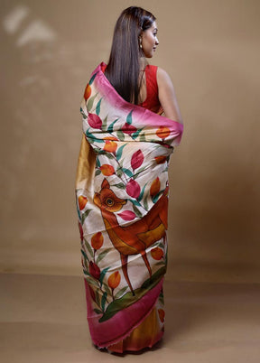 Yellow Printed Pure Silk Saree Without Blouse Piece