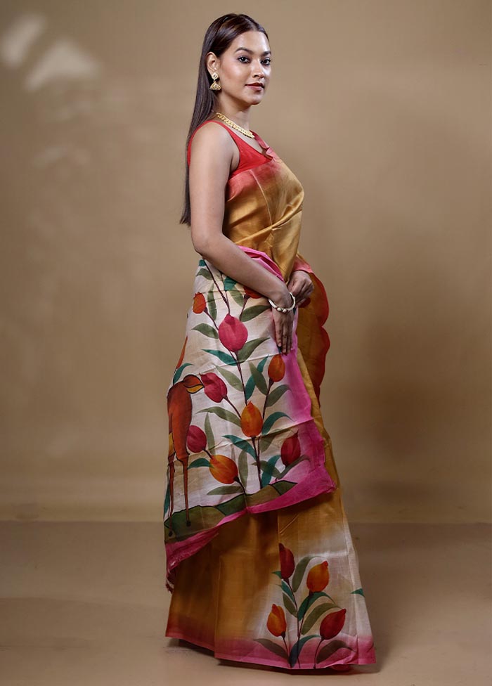 Yellow Printed Pure Silk Saree Without Blouse Piece