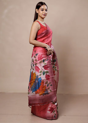 Pink Printed Pure Silk Saree Without Blouse Piece