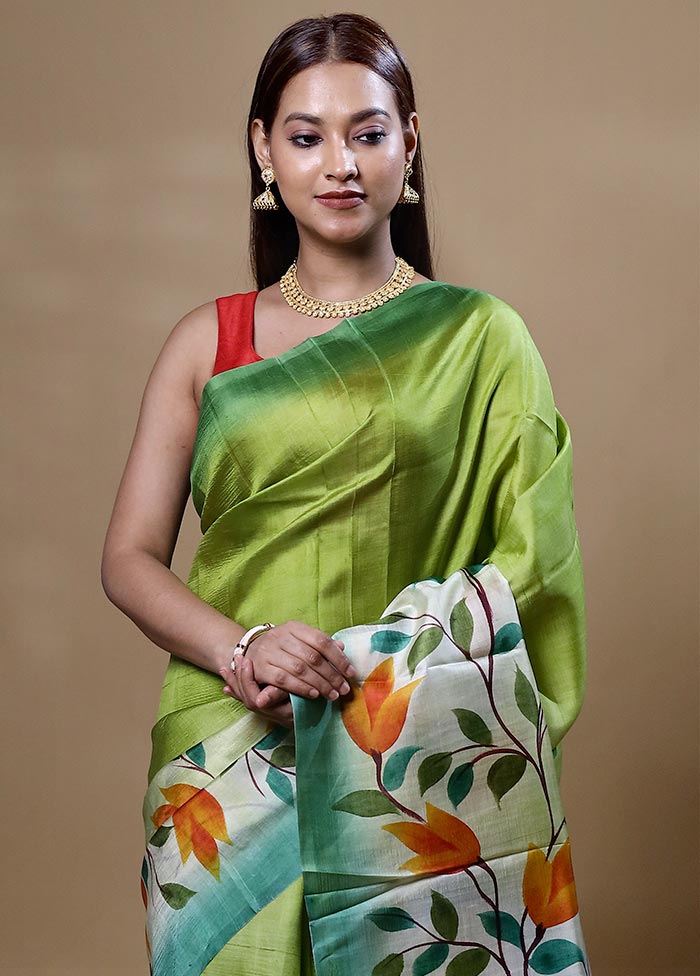 Green Printed Pure Silk Saree Without Blouse Piece