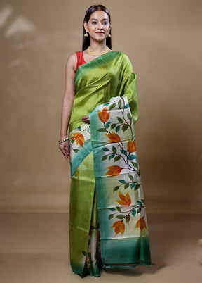 Green Printed Pure Silk Saree Without Blouse Piece