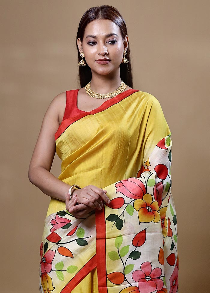 Yellow Printed Pure Silk Saree Without Blouse Piece