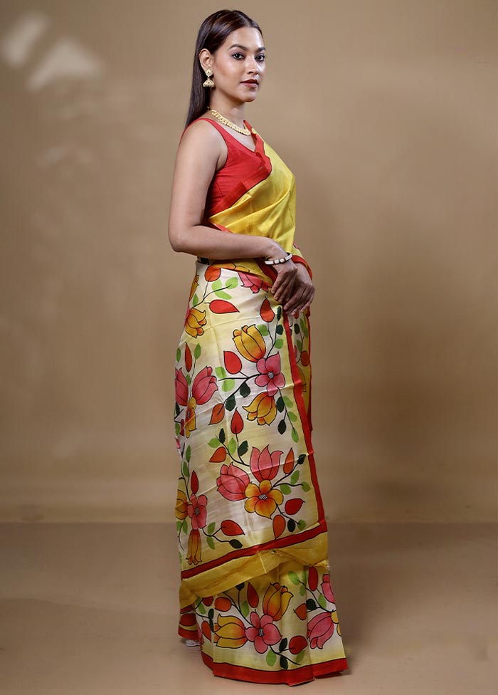 Yellow Printed Pure Silk Saree Without Blouse Piece