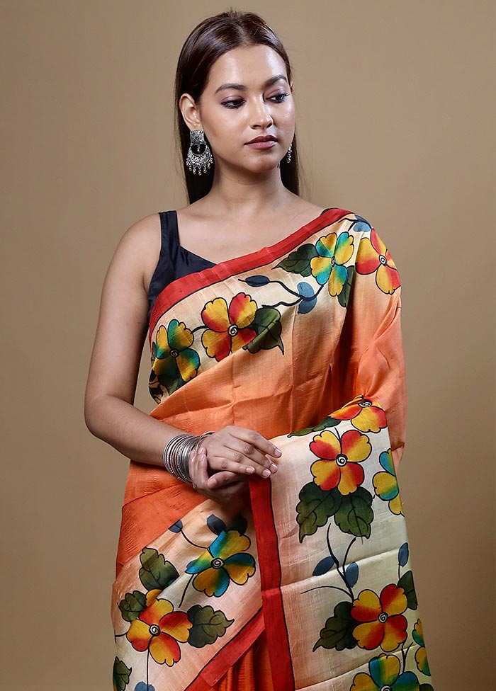 Orange  Printed Pure Silk Saree With Blouse Piece