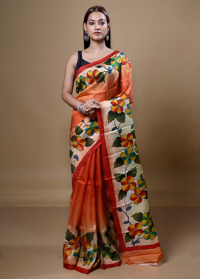 Orange  Printed Pure Silk Saree With Blouse Piece