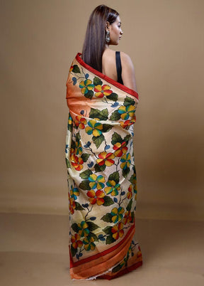 Orange  Printed Pure Silk Saree With Blouse Piece