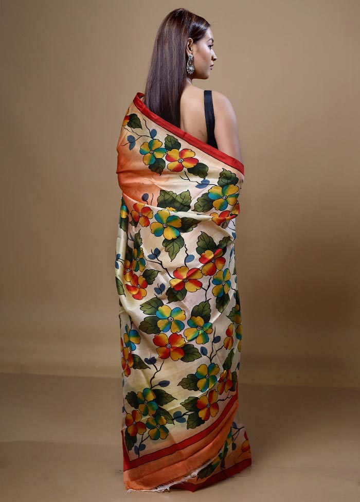 Orange  Printed Pure Silk Saree With Blouse Piece