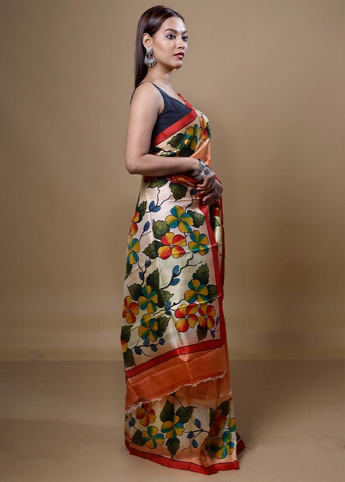 Orange  Printed Pure Silk Saree With Blouse Piece